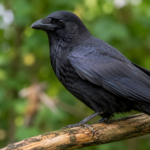 Gros plan naturaliste d'un corvidé noir perché sur une branche, œil vif et plumage lustré.