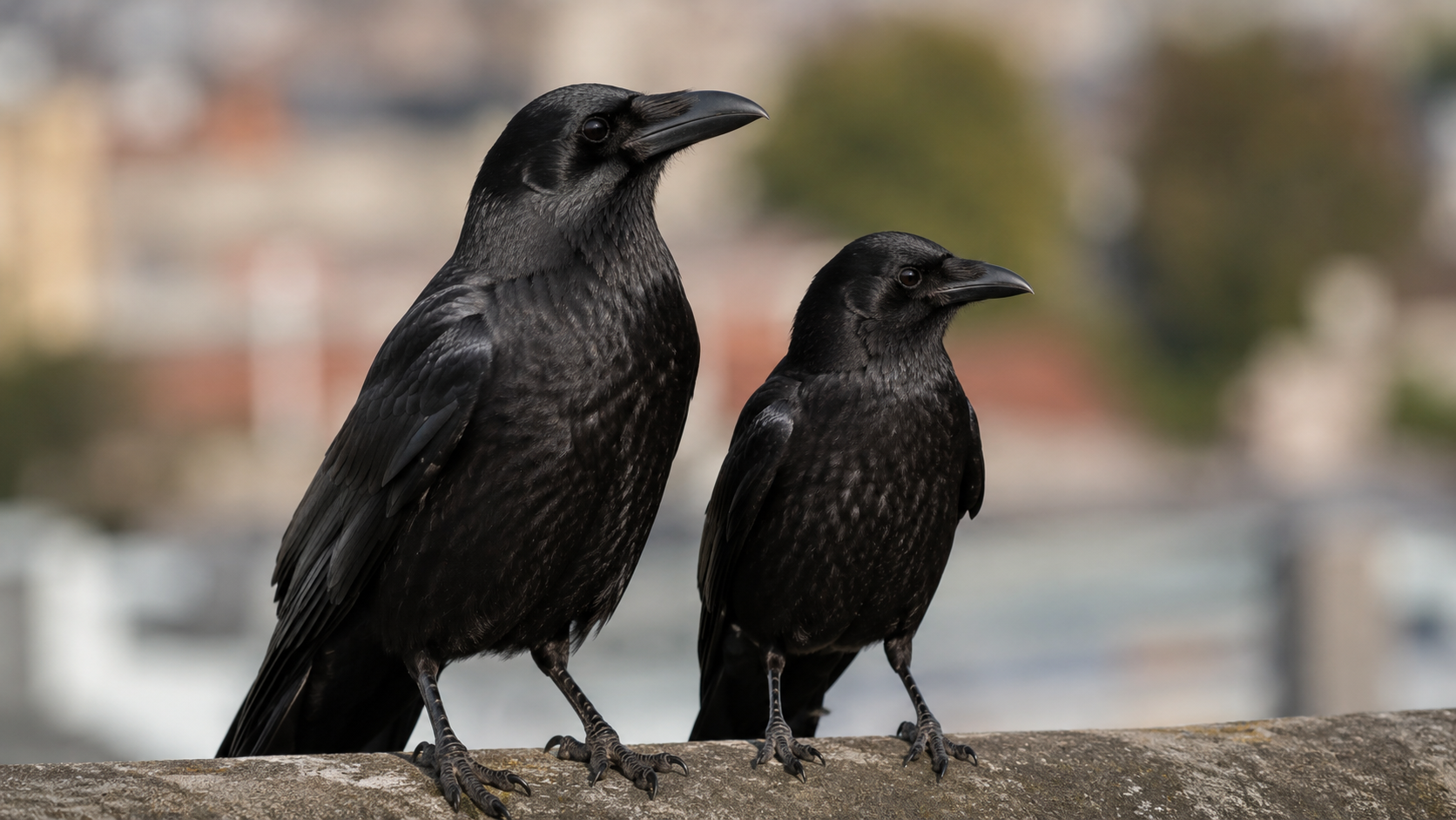 Deux corvidés noirs perchés côte à côte, l'un un peu plus grand que l'autre.