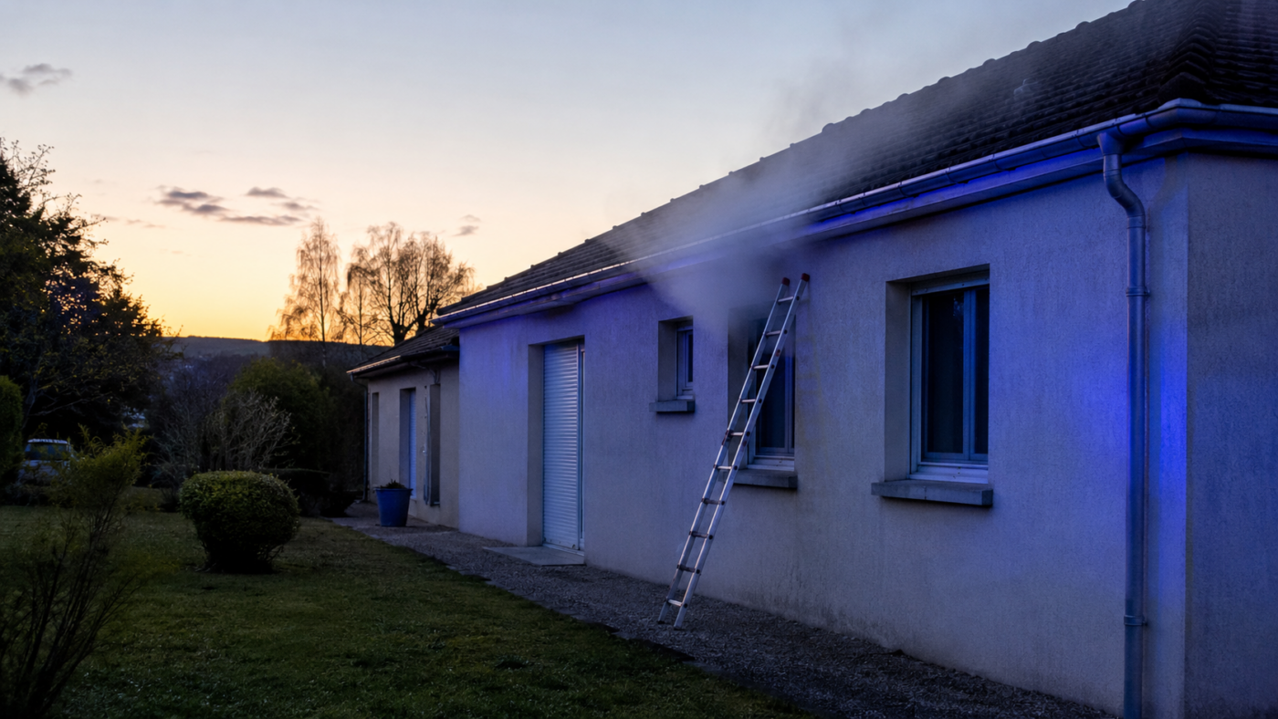 Petite résidence senior de plain-pied au crépuscule, une échelle appuyée contre la façade près d'une fenêtre d'où sort une fumée légère