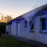 Petite résidence senior de plain-pied au crépuscule, une échelle appuyée contre la façade près d'une fenêtre d'où sort une fumée légère