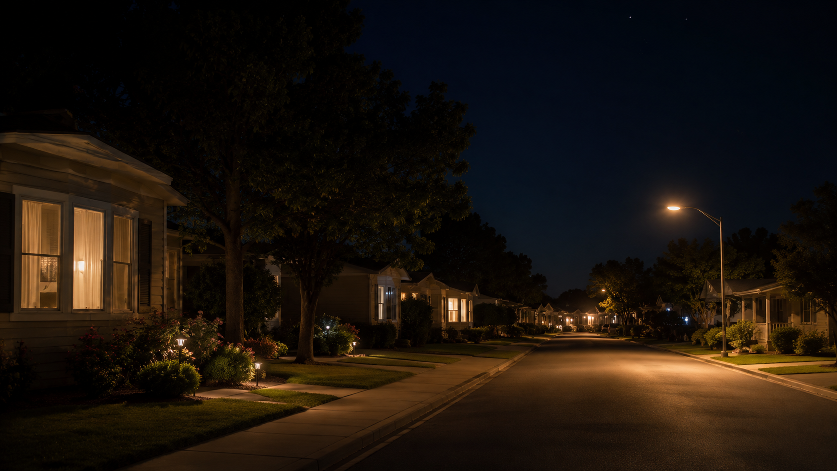 Rue résidentielle calme d'un petit village senior la nuit, une fenêtre doucement éclairée