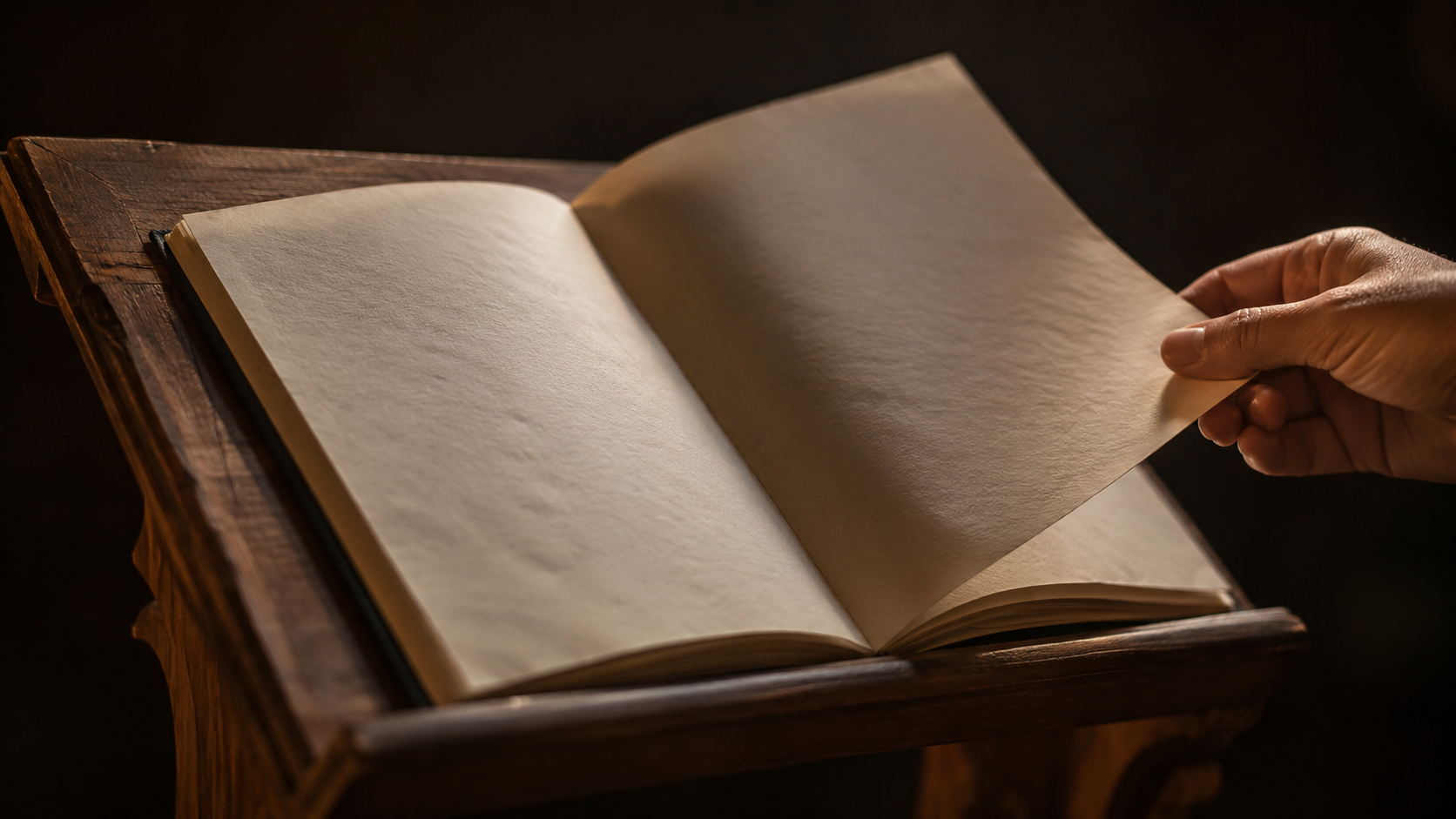 Un livre relié ouvert sur un pupitre de bois, une main en tenant la page sous une lumière chaude
