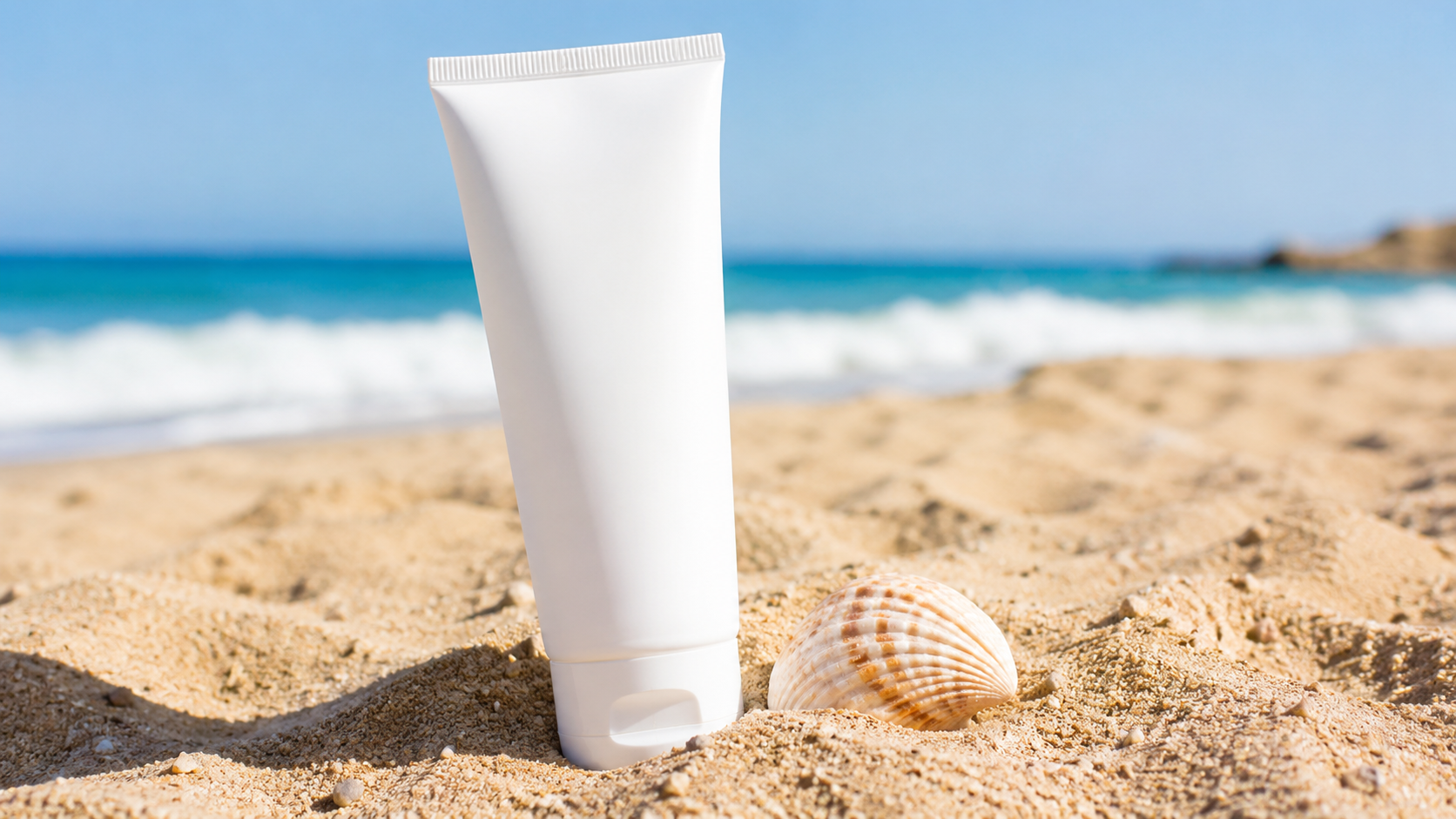Tube de creme solaire blanc sans marque pose sur le sable dore pres d'un coquillage