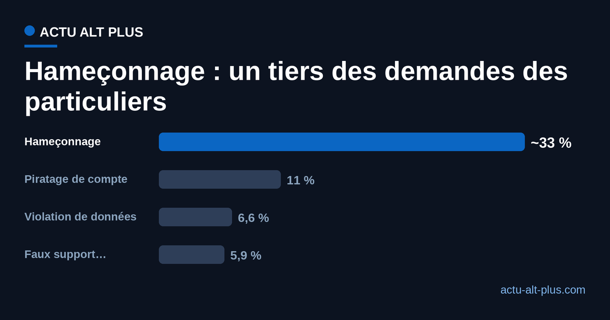 Part des demandes d'assistance des particuliers en 2025 : hameçonnage environ 33 %, piratage de compte 11 %, violation de données 6,6 %, faux support technique 5,9 %.