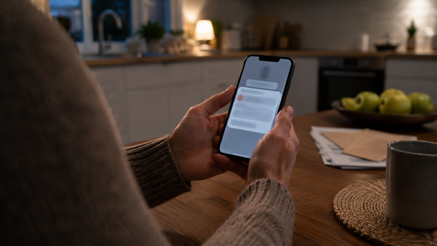 Mains tenant un smartphone affichant une notification de message suspect à une table de cuisine le soir