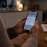 Mains tenant un smartphone affichant une notification de message suspect à une table de cuisine le soir