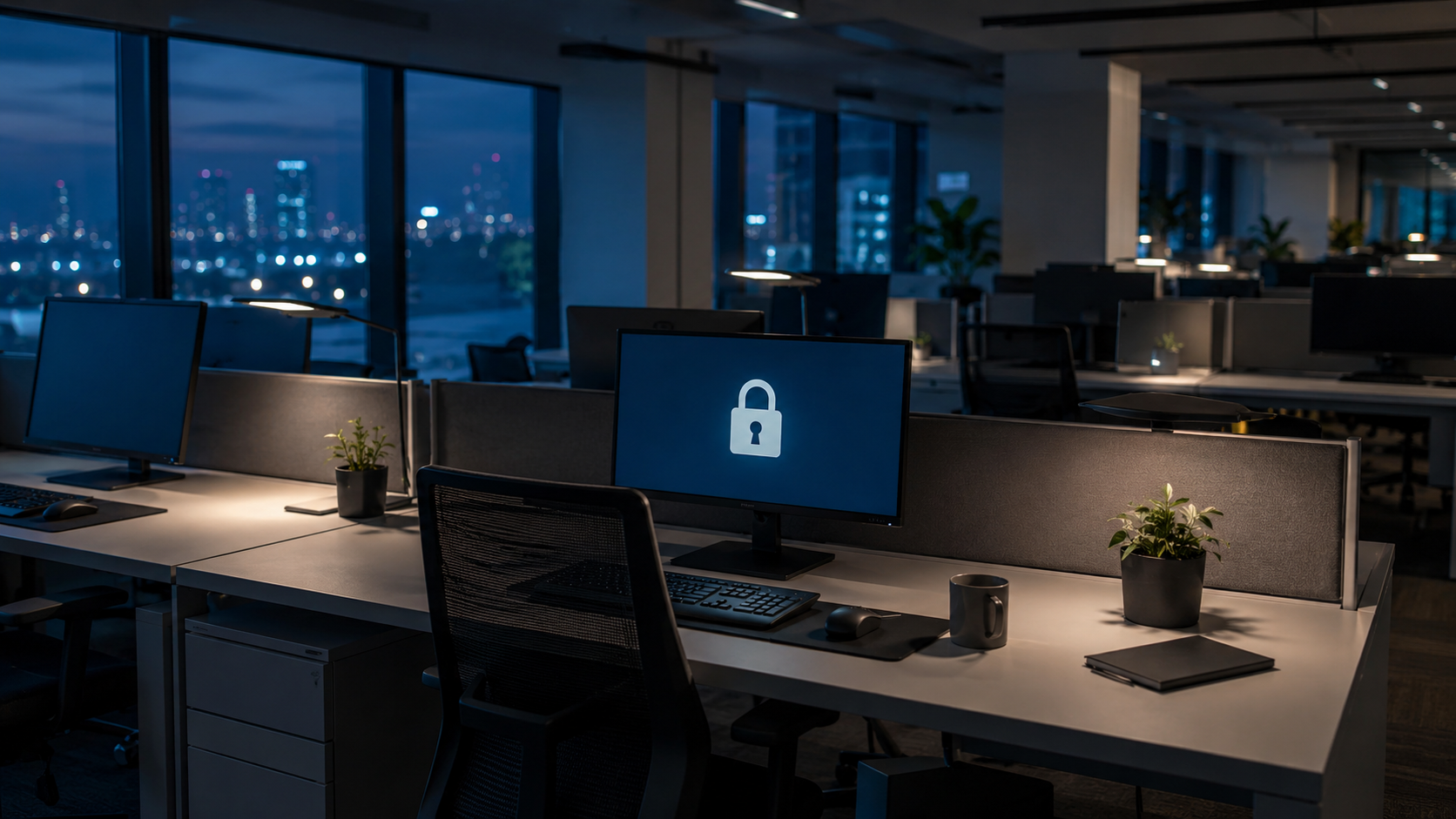 Bureau en open space le soir avec un écran affichant une icône de compte verrouillé