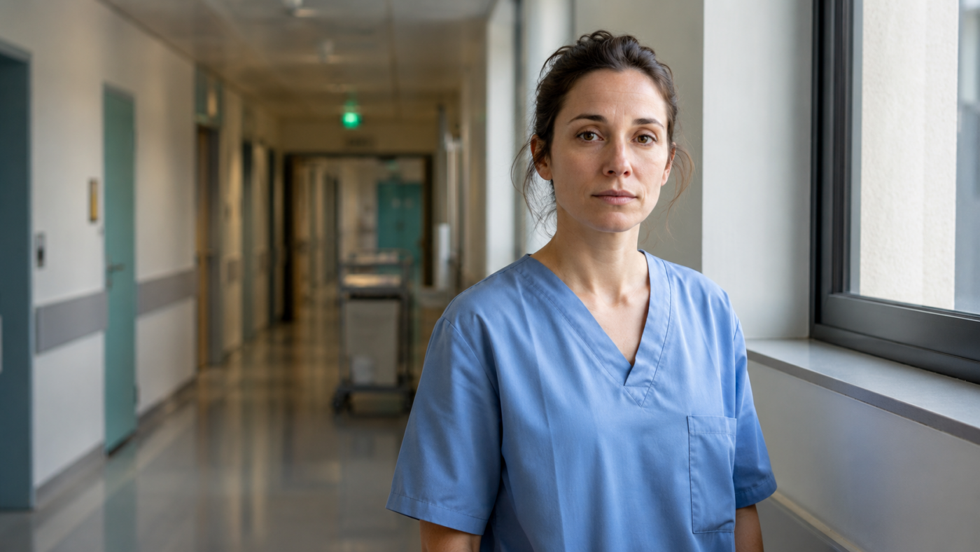 Soignante au visage générique, fatiguée mais posée, immobile dans un couloir d'hôpital public près d'une fenêtre