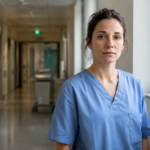 Soignante au visage générique, fatiguée mais posée, immobile dans un couloir d'hôpital public près d'une fenêtre