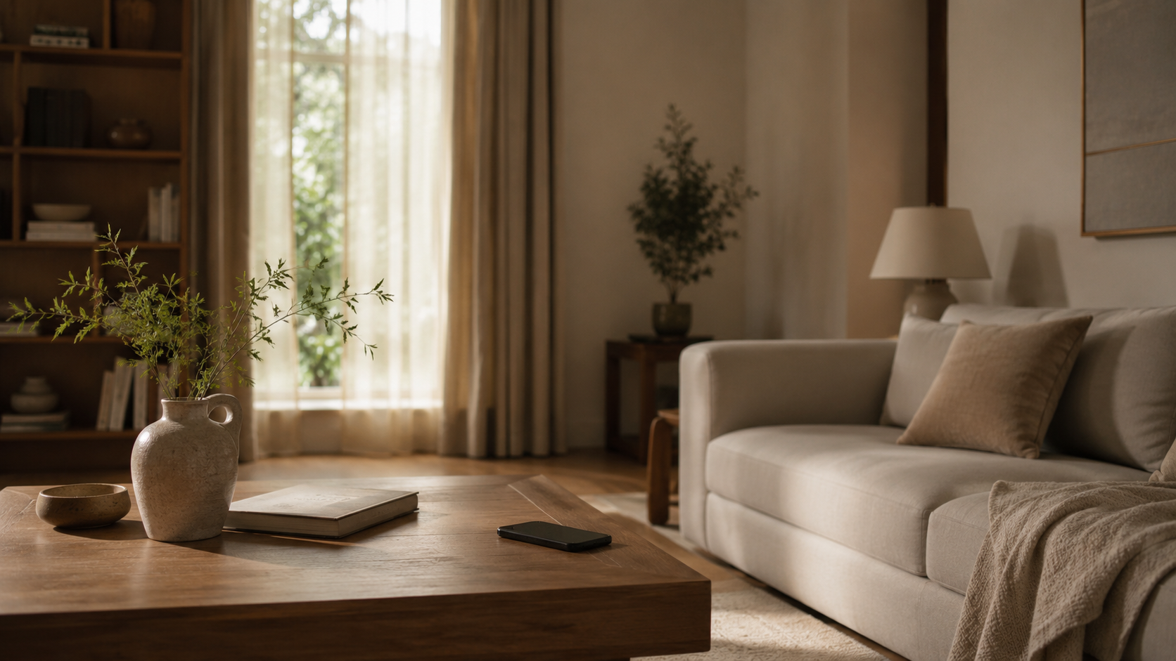 Salon paisible avec un smartphone silencieux posé face contre table