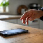 Smartphone posé sur une table de cuisine, écran allumé, une main hésite au-dessus