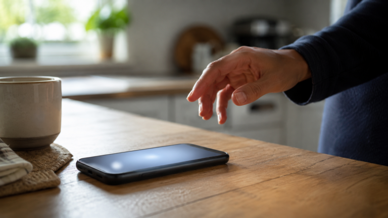 Smartphone posé sur une table de cuisine, écran allumé, une main hésite au-dessus