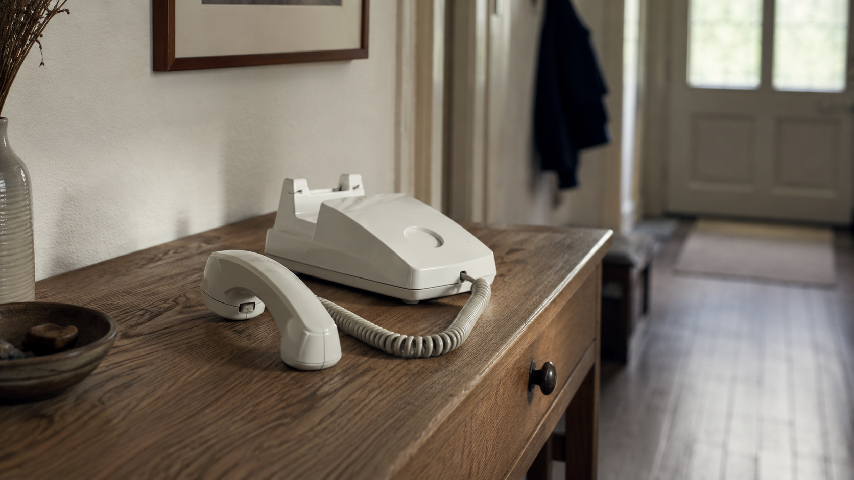 Combiné de téléphone filaire décroché posé sur une table d'entrée en bois