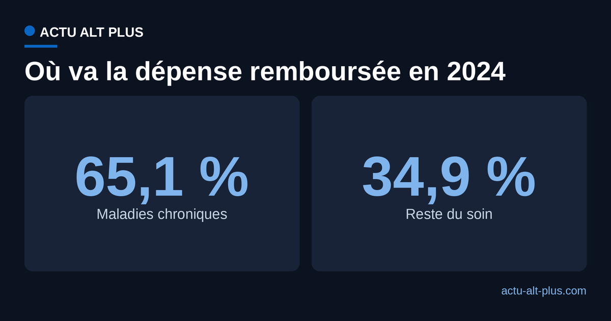 En 2024, les maladies chroniques représentent 65,1 % de la dépense remboursée par l'Assurance Maladie, contre 34,9 % pour le reste du soin