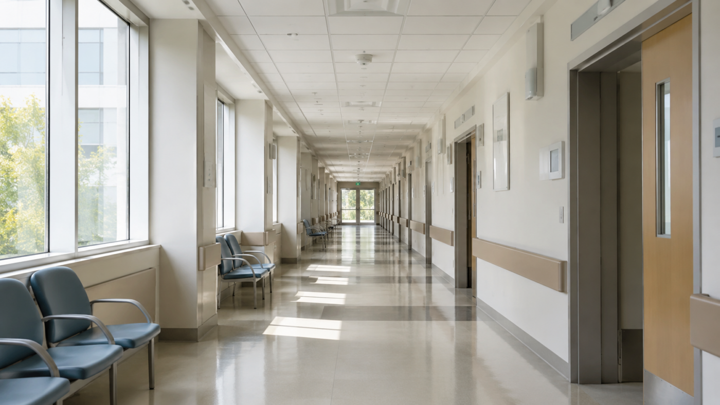 Un couloir d'hôpital calme et vide, baigné d'une lumière naturelle douce