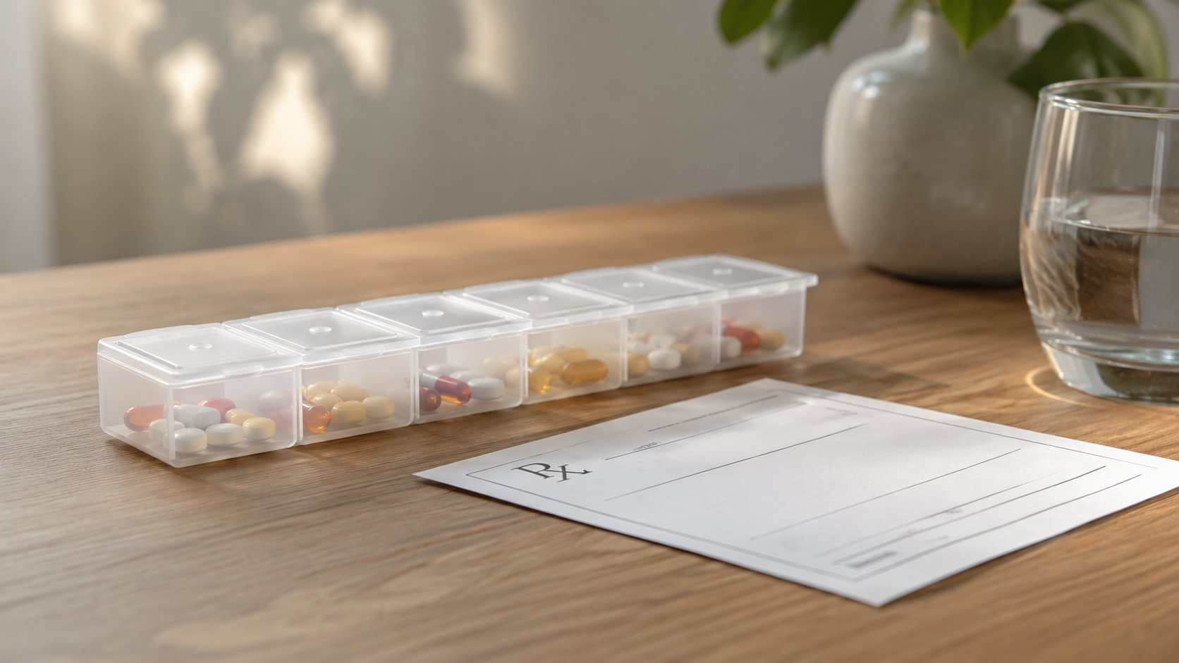 Un pilulier hebdomadaire et une ordonnance posés sur une table dans une lumière douce