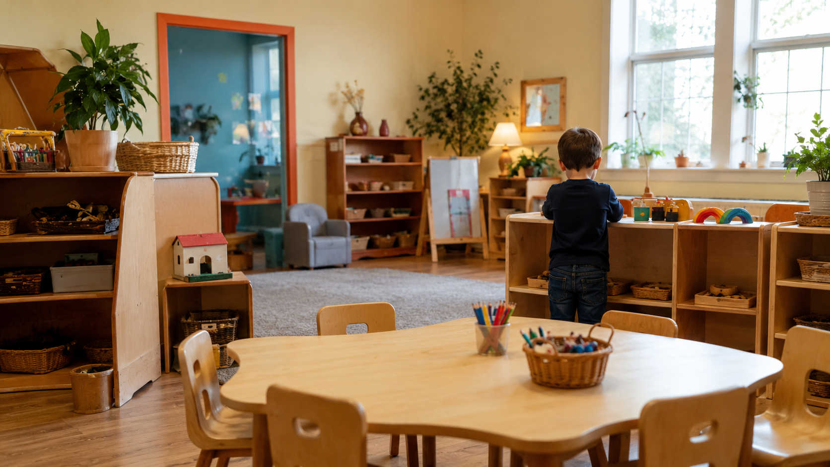 Salle de classe de maternelle calme avec petit mobilier et matériel pédagogique
