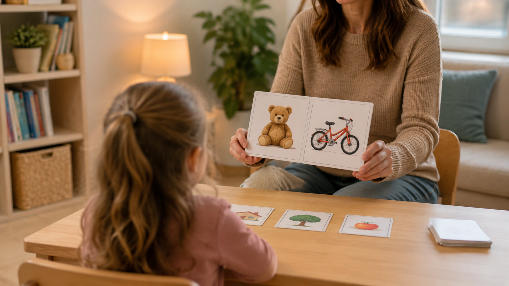 Un orthophoniste présente un imagier coloré à un enfant vu de dos