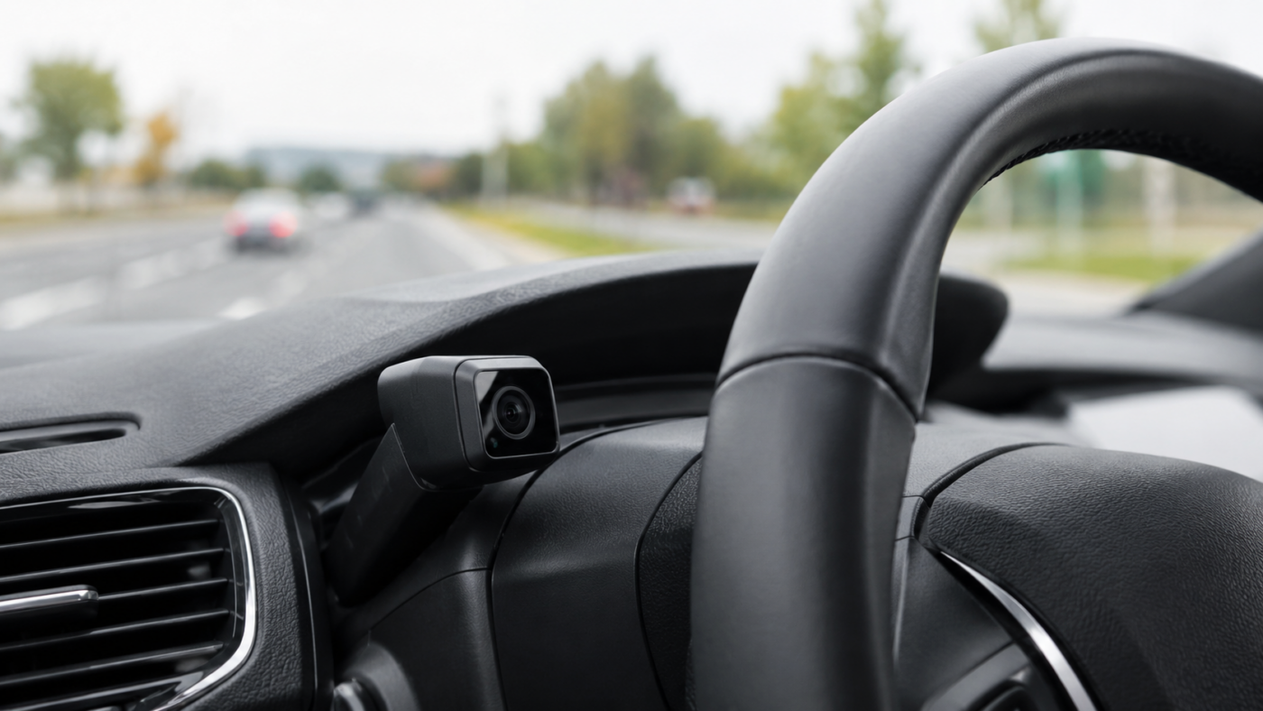 Petite caméra de surveillance du regard fixée sur la colonne de direction d'une voiture, volant et route floue au pare-brise