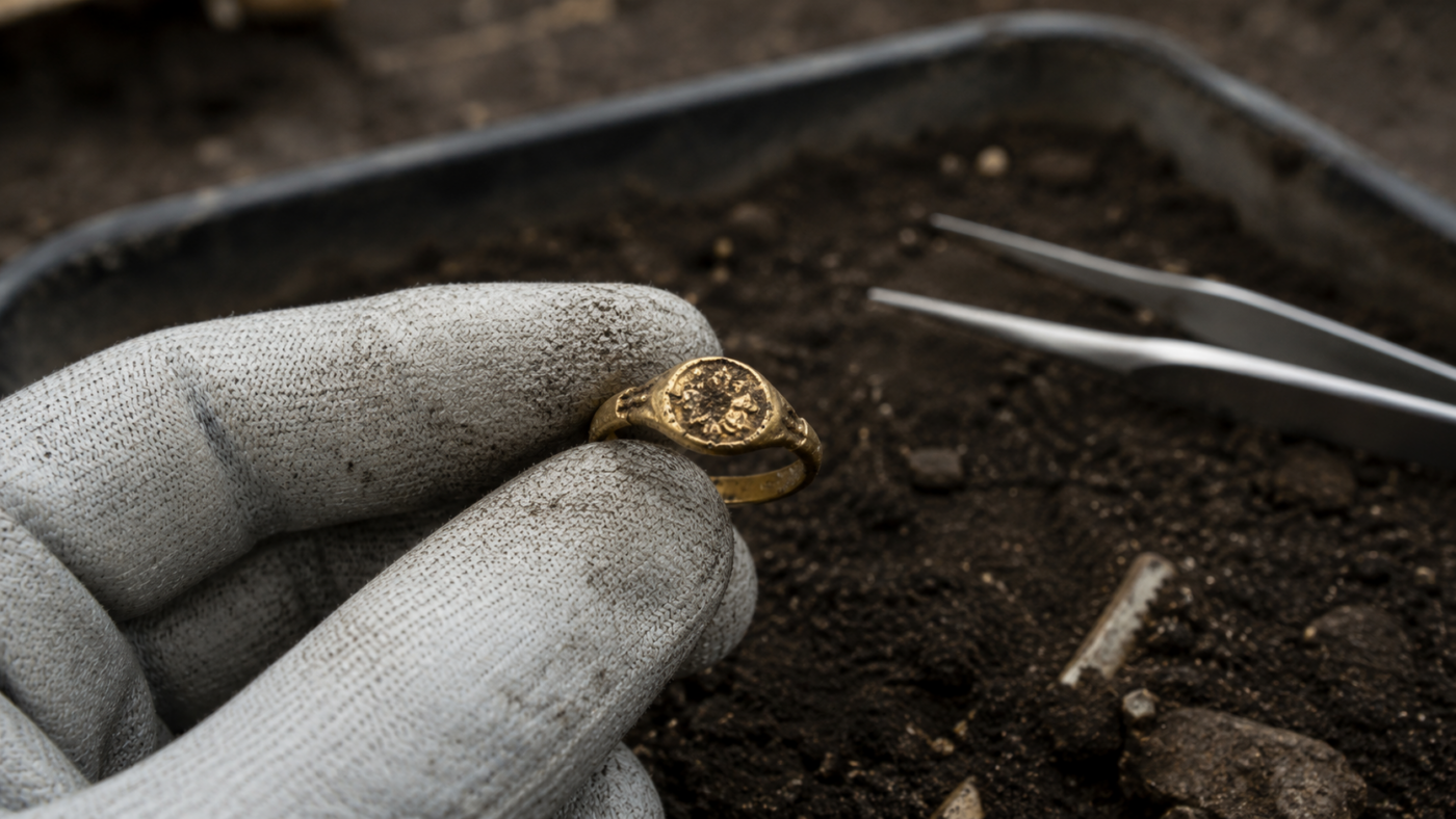 Une main gantée tient une petite bague dorée médiévale au-dessus d'un plateau de fouille rempli de terre sombre