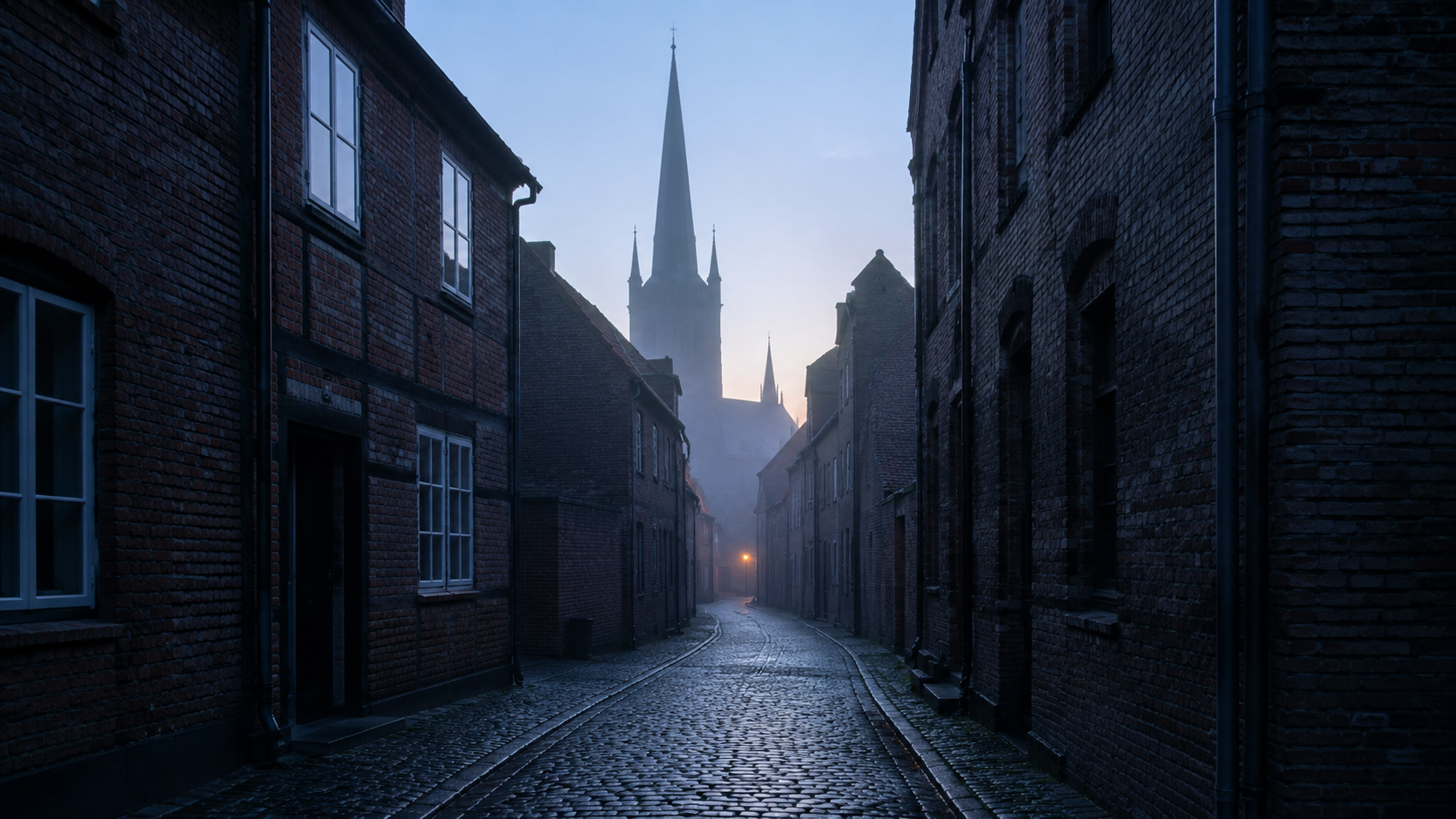 Une ruelle pavée déserte d'une vieille ville d'Europe du Nord à l'aube, dans la brume