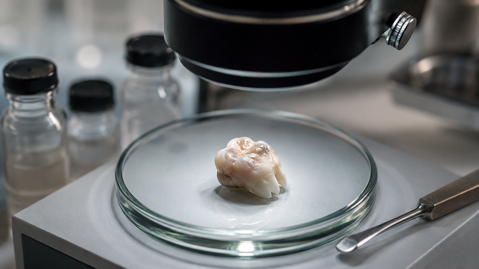 Une molaire humaine posée sur une paillasse de laboratoire sous une loupe, entourée de petits flacons