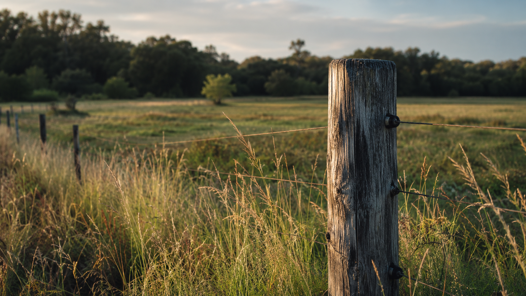 Prairie protégée avec un piquet de délimitation en bois au premier plan, herbes hautes, lumière douce.