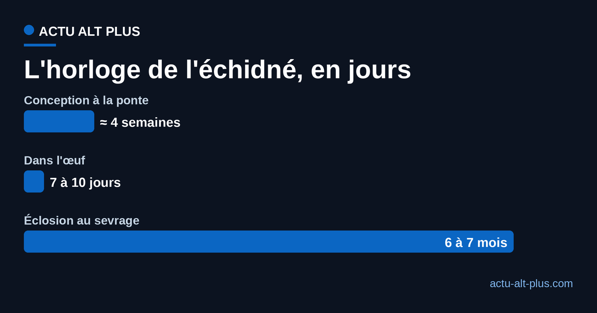 Les trois durées de la reproduction de l'échidné en jours : 28 jours de la conception à la ponte, 8 jours dans l'œuf, environ 195 jours jusqu'au sevrage