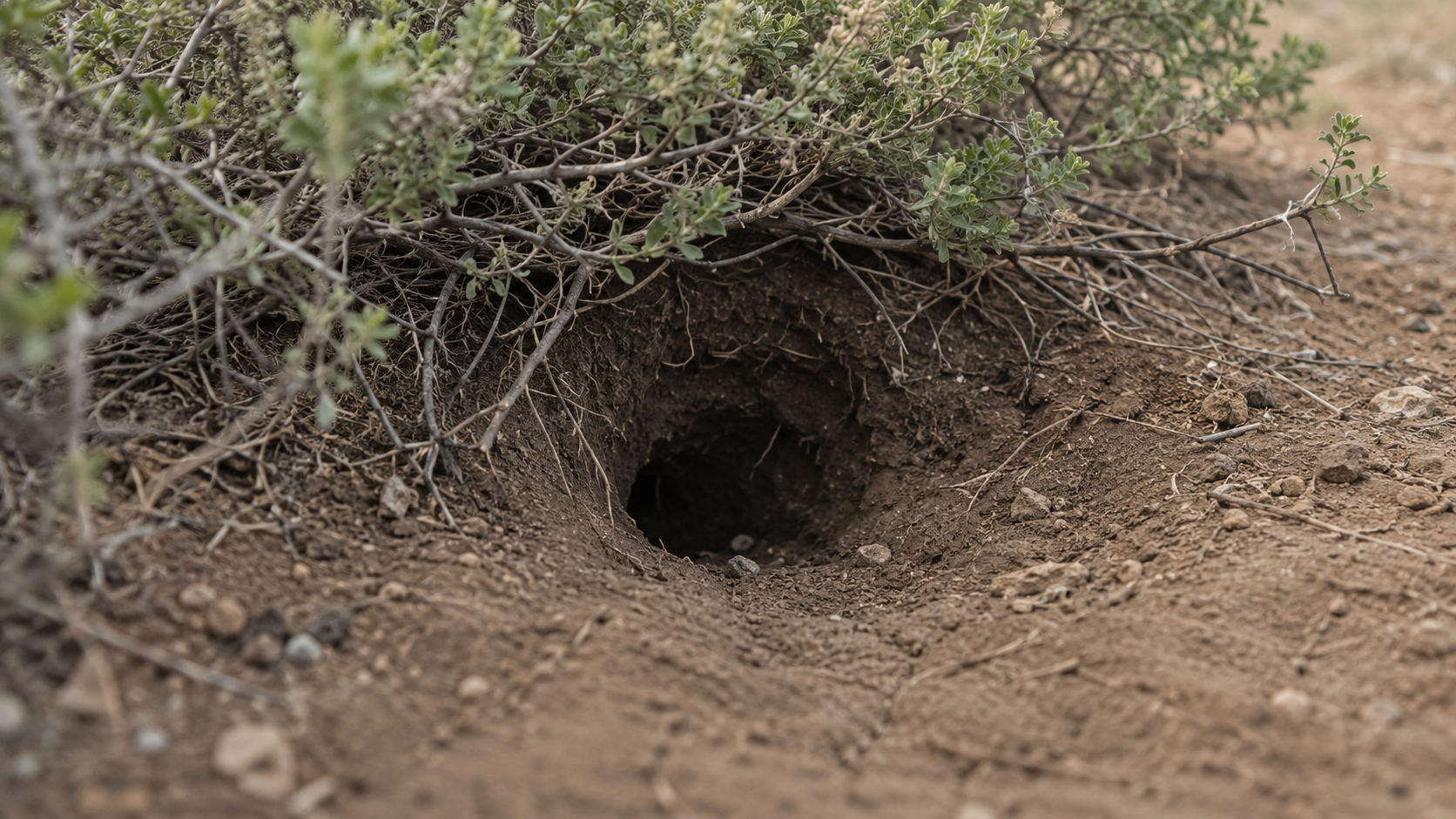 Entrée sombre d'un petit terrier creusé dans une terre sèche sous un arbuste, terre remuée et traces de griffes autour de l'ouverture