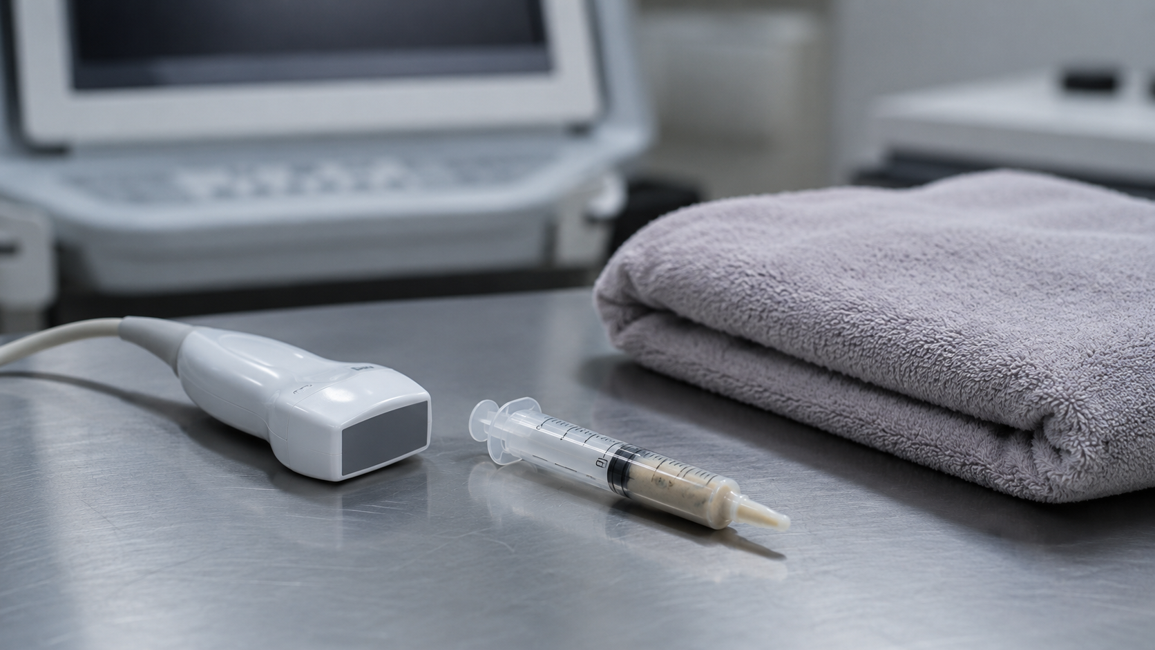Sonde d'échographie et seringue de nourrissage posées sur une table vétérinaire en inox, à côté d'une serviette pliée