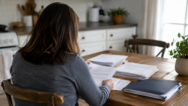 Une personne vue de dos trie des papiers administratifs à la table de sa cuisine, le matin