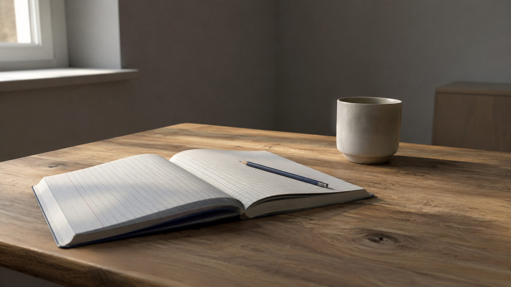 Un cahier de langue et un crayon posés sur un bureau nu, à côté d'une tasse