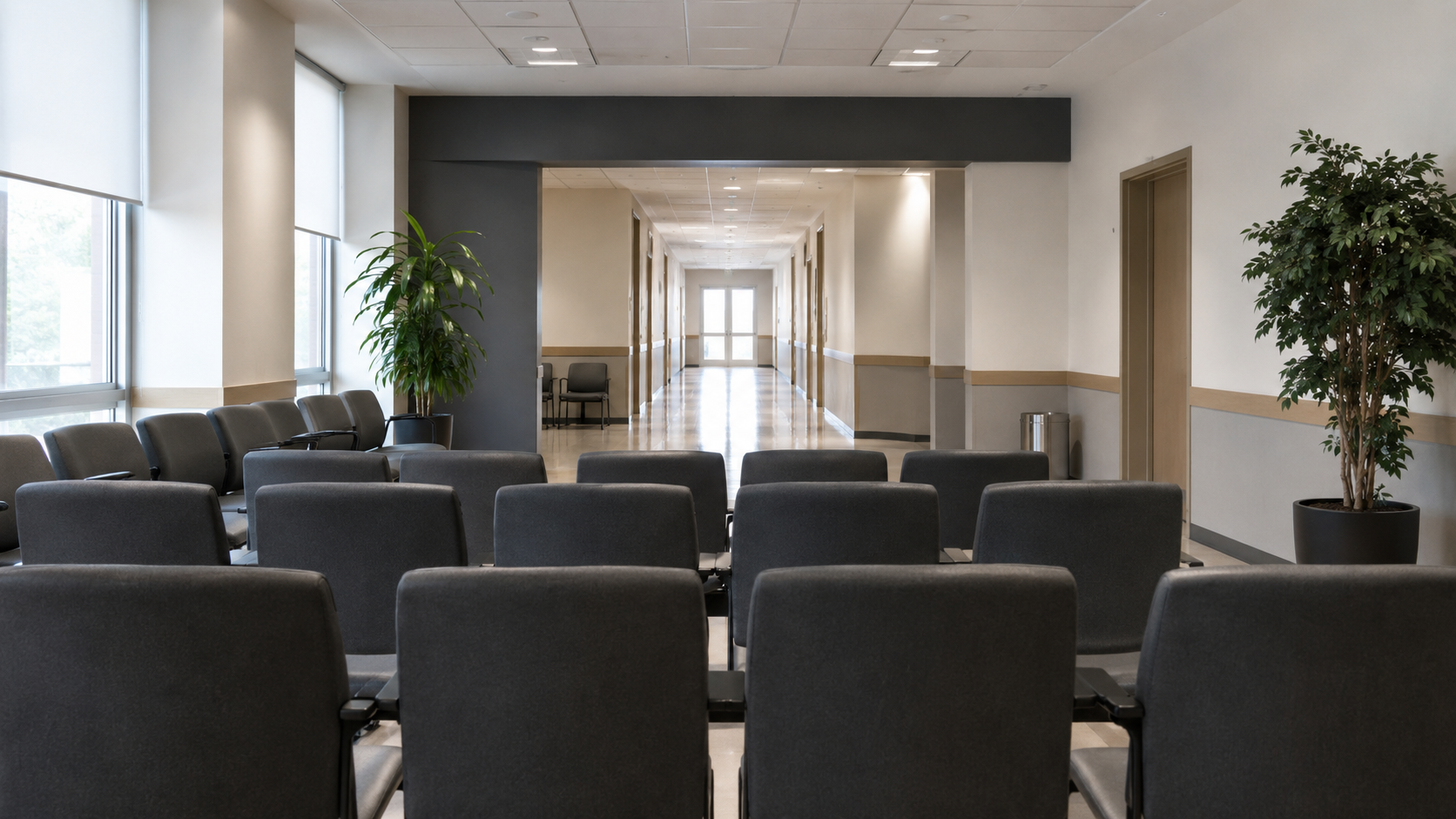 Une salle d'attente administrative vide, rangées de chaises et couloir de sortie