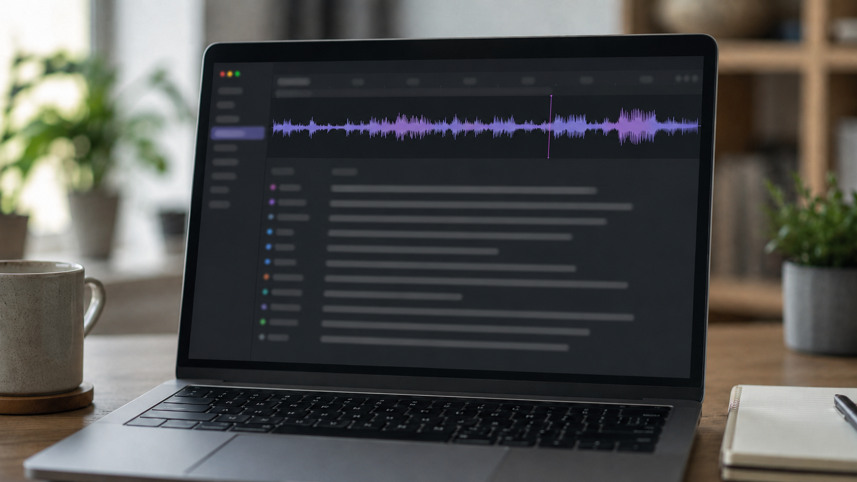 Un ordinateur portable affichant une onde sonore et des lignes de texte transcrites