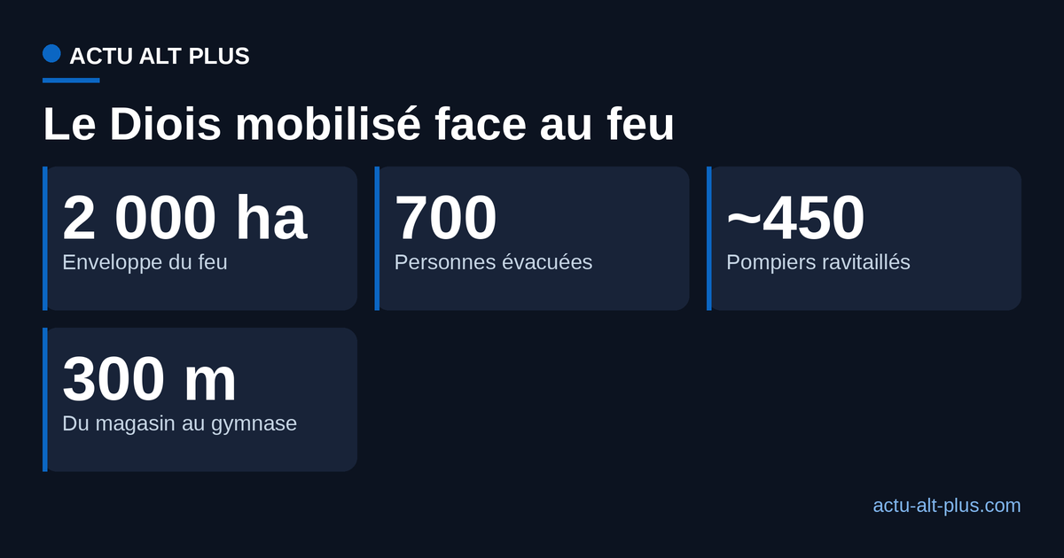 Échelle de la mobilisation dans le Diois : 2 000 hectares dans l'enveloppe du feu, 700 personnes évacuées, environ 450 pompiers ravitaillés, 300 mètres entre le magasin et le gymnase.