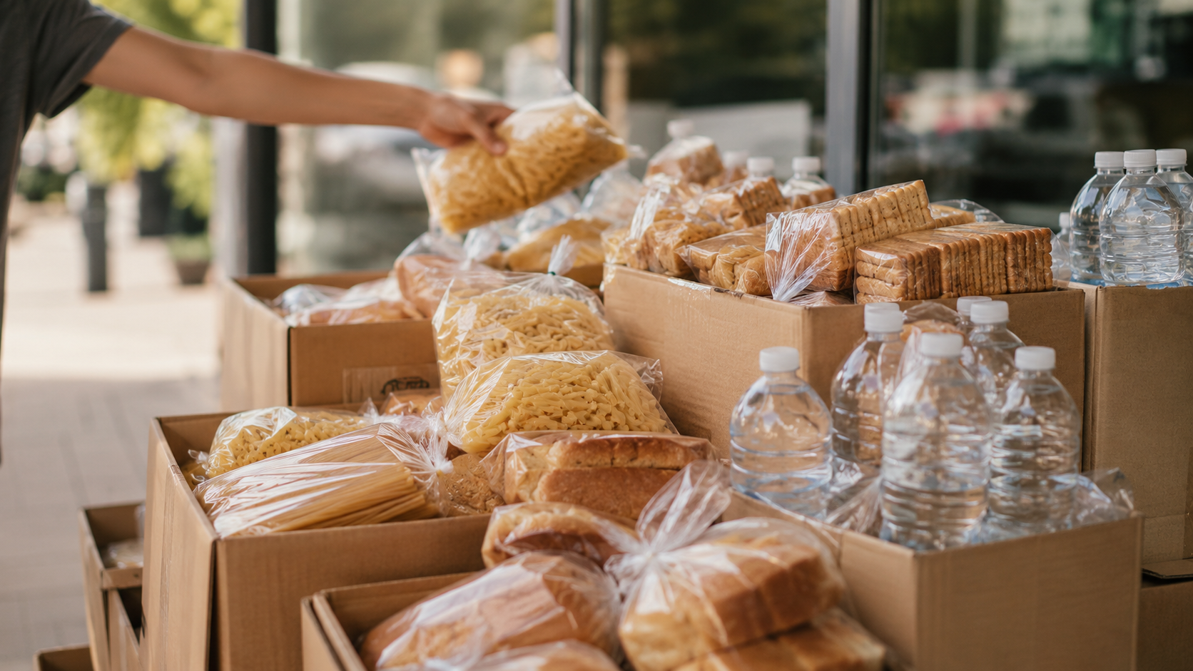 Gros plan de cartons de dons alimentaires, pâtes, eau et pain, empilés lors d'une collecte à l'entrée d'un supermarché