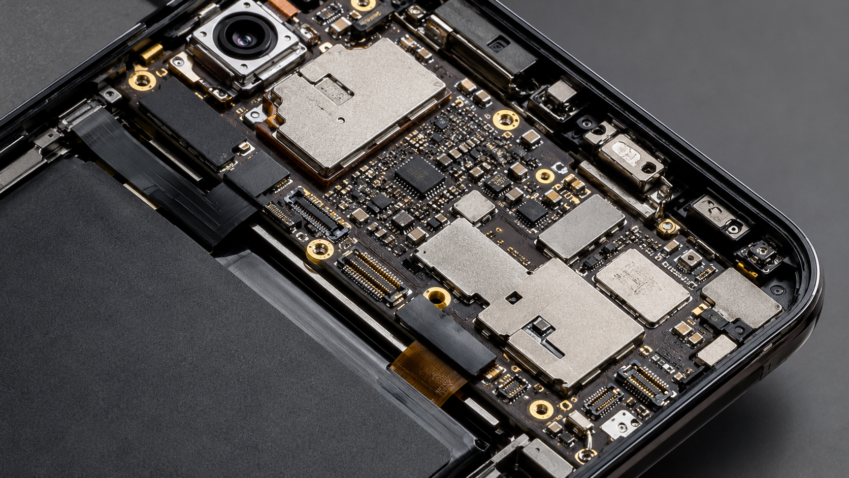 Macro d'une carte électronique de smartphone aux contacts dorés