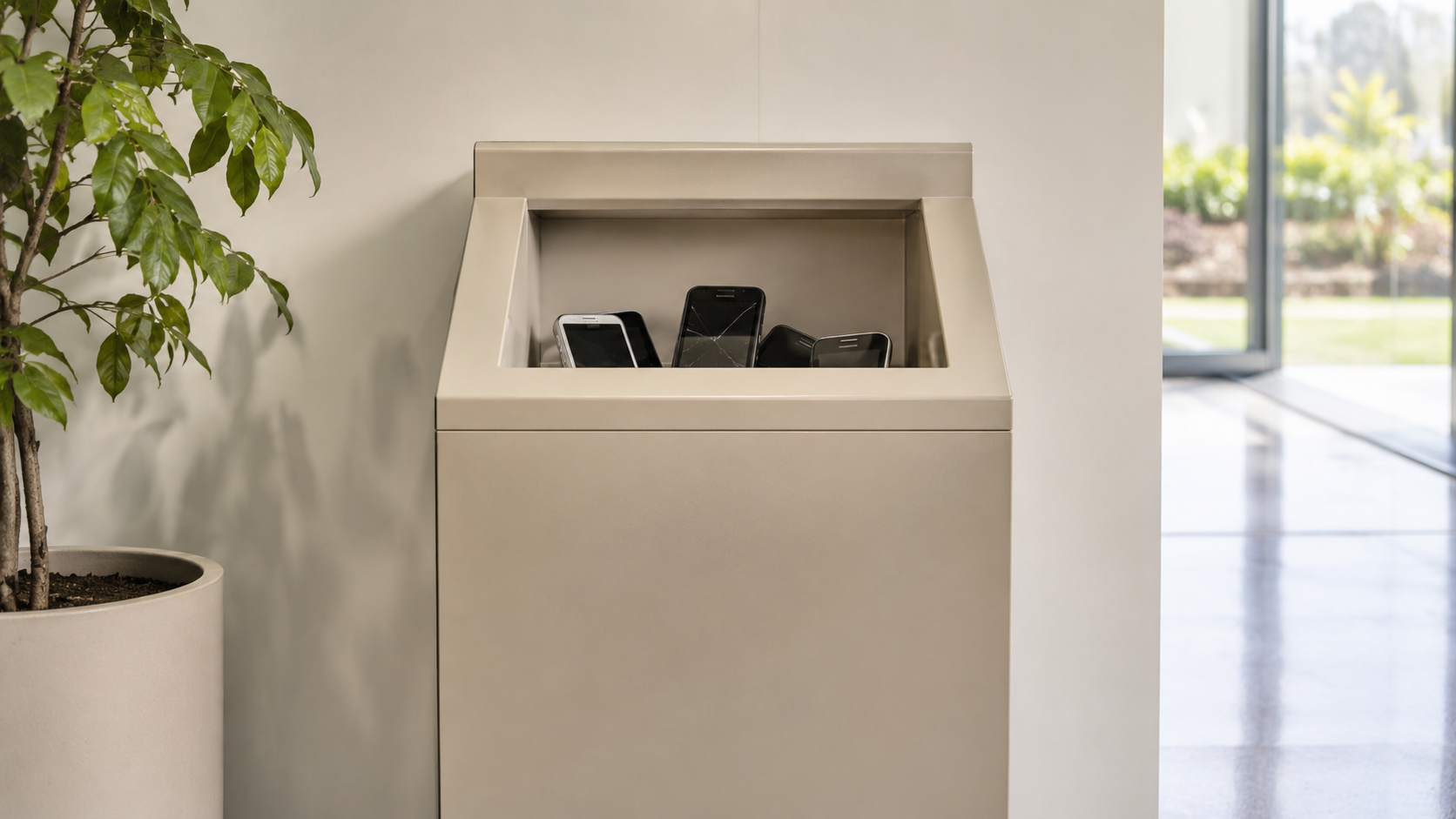 Bac de collecte de téléphones portables usagés dans un espace clair
