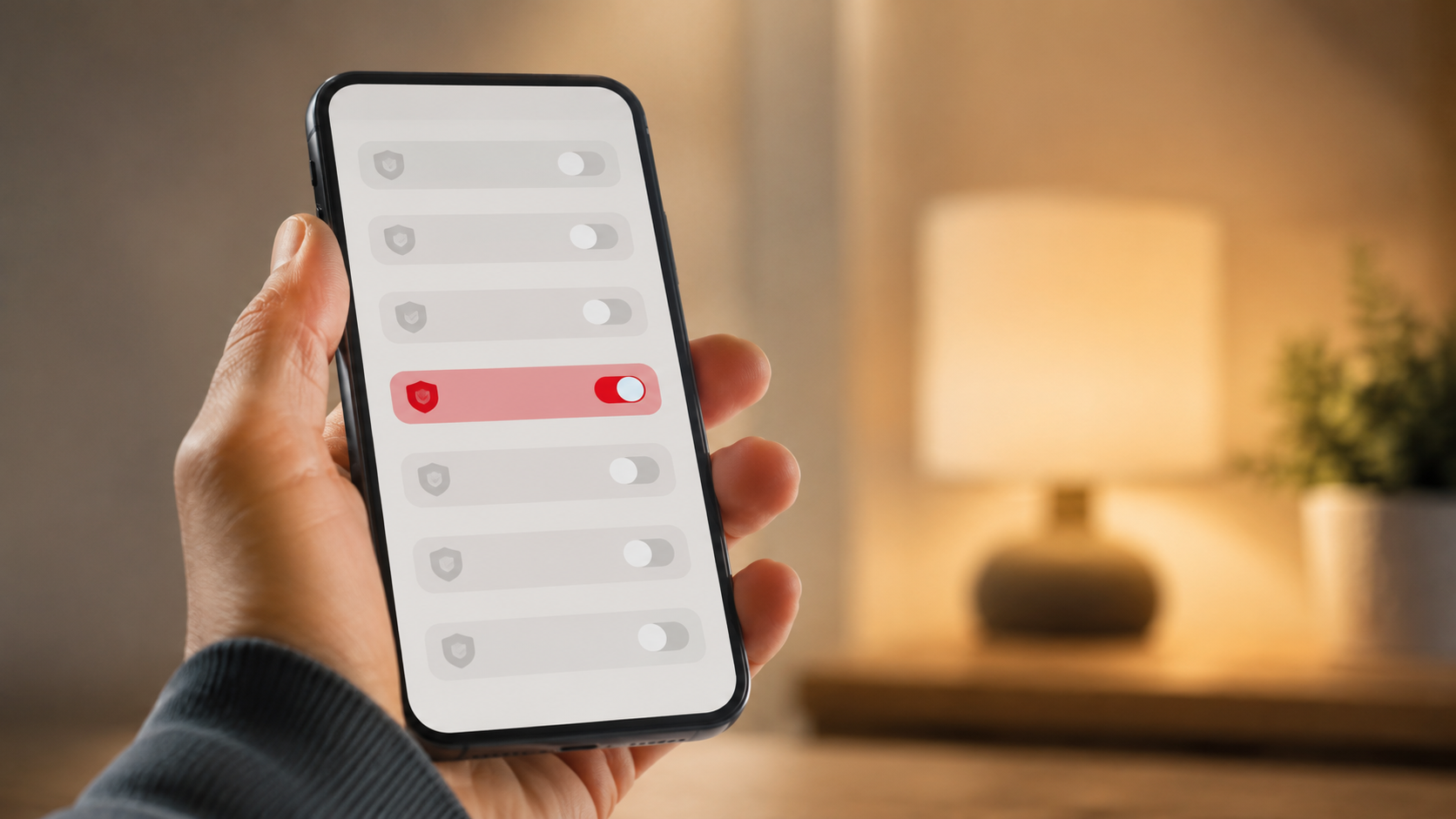 Une main tient un smartphone affichant un écran de réglages de confidentialité abstrait avec un bouton de refus mis en avant