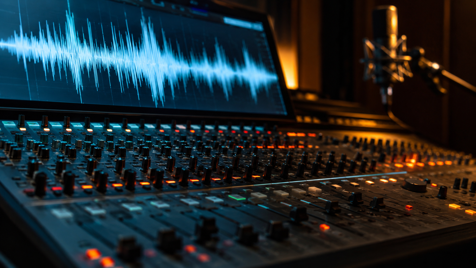 Console de mixage et onde sonore sur un écran dans un studio en pénombre