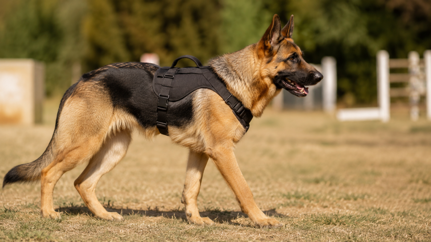 Une jeune chienne de détection de profil, harnais de service, sur un terrain ensoleillé