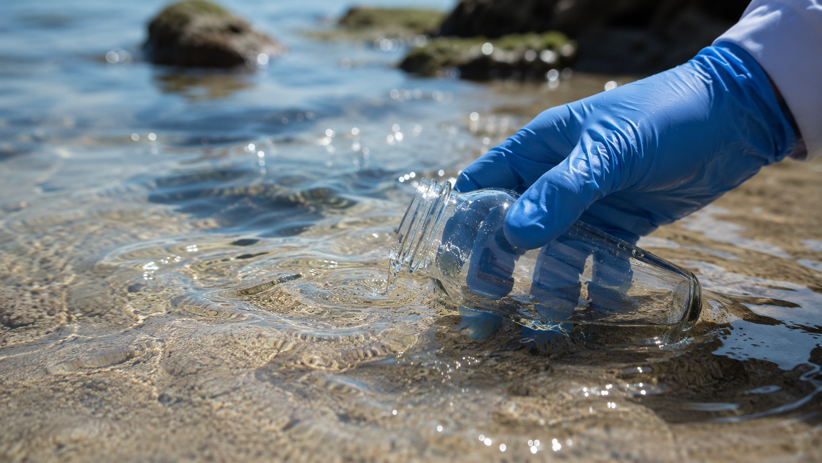 Main gantée plongeant un flacon de prélèvement en verre dans l'eau de mer près du rivage