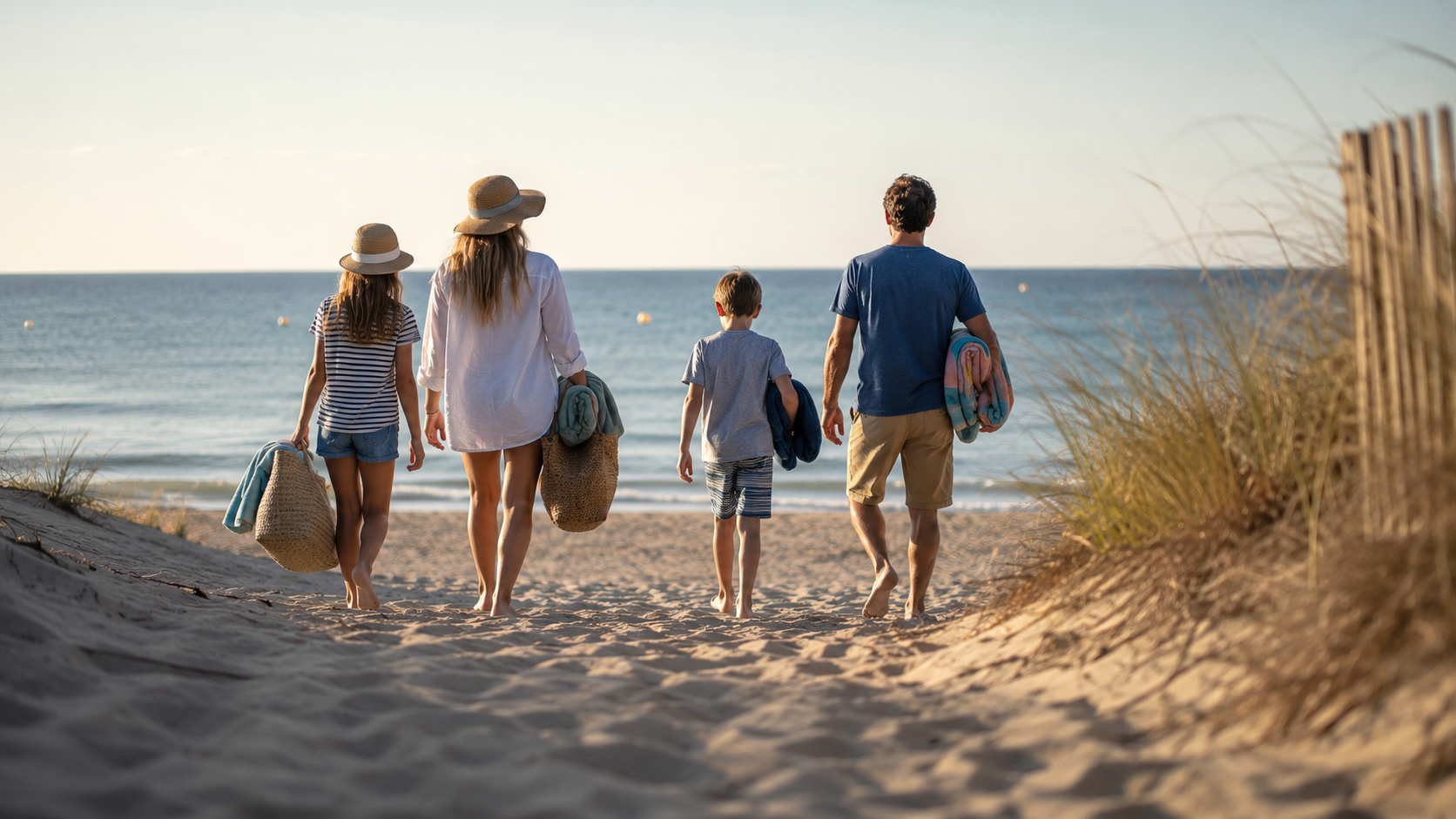 Une famille vue de dos marchant vers la mer sur une plage de sable en été