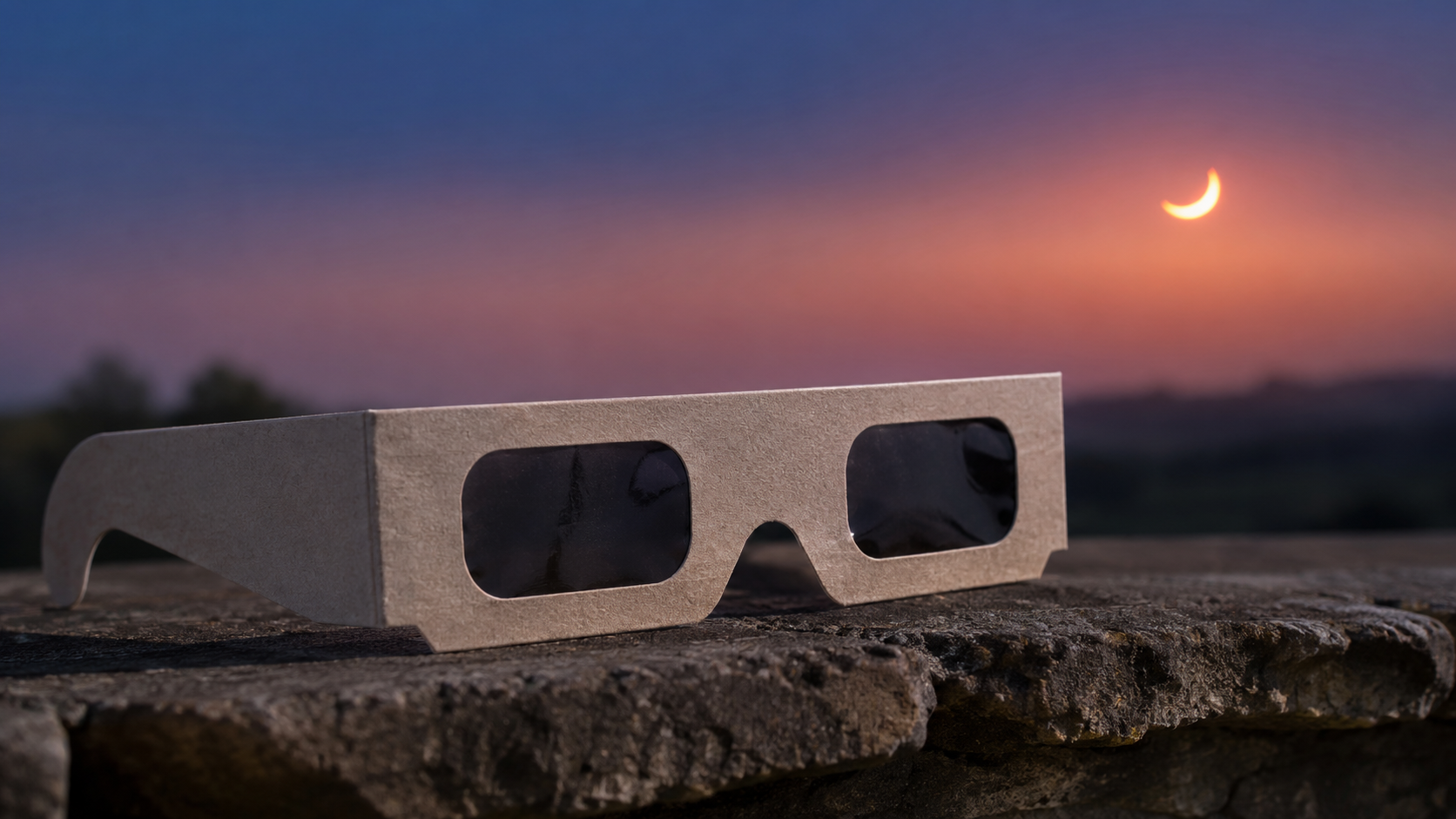 Une paire de lunettes éclipse en carton posée sur un muret face au ciel