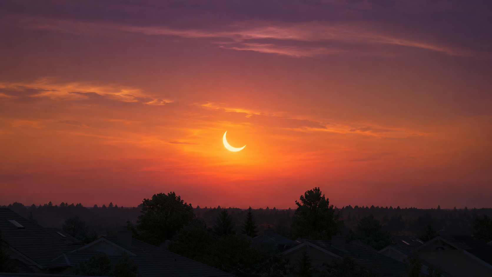 Un croissant de Soleil éclipsé au-dessus de toits et d'arbres au coucher du soleil