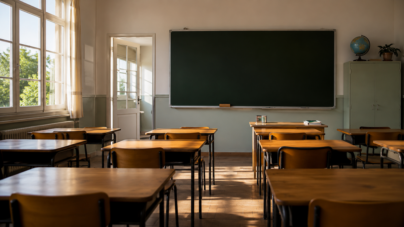Salle de classe de primaire vide le matin, petits pupitres en bois alignés, tableau sans inscription, lumière naturelle