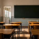 Salle de classe de primaire vide le matin, petits pupitres en bois alignés, tableau sans inscription, lumière naturelle