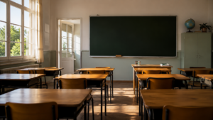 Salle de classe de primaire vide le matin, petits pupitres en bois alignés, tableau sans inscription, lumière naturelle