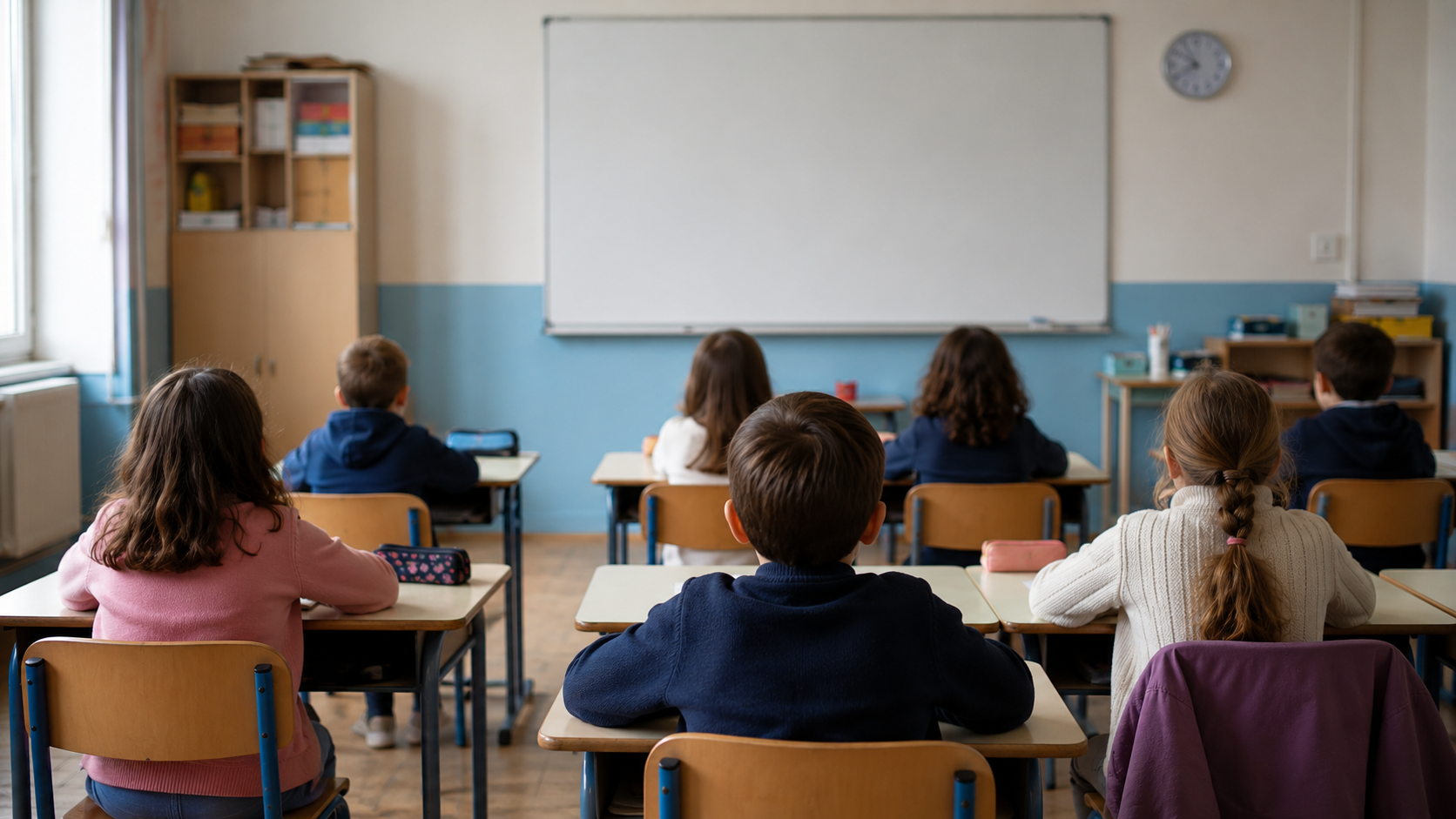 Salle de classe de primaire vue de dos, quelques élèves assis face au tableau, aucun visage visible
