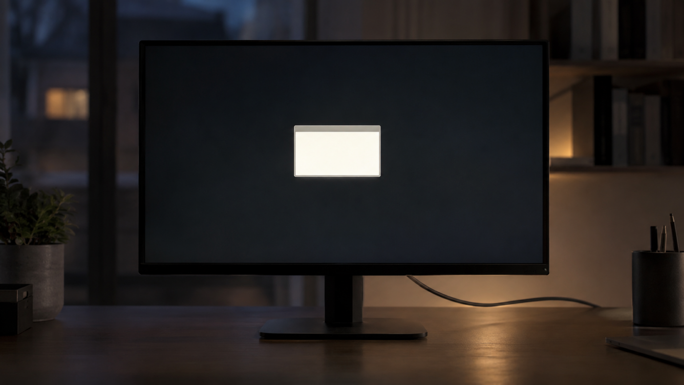 Moniteur d'ordinateur noir sur un bureau, petite fenêtre pop-up vide et lumineuse sur l'écran sombre, câble vidéo à l'arrière
